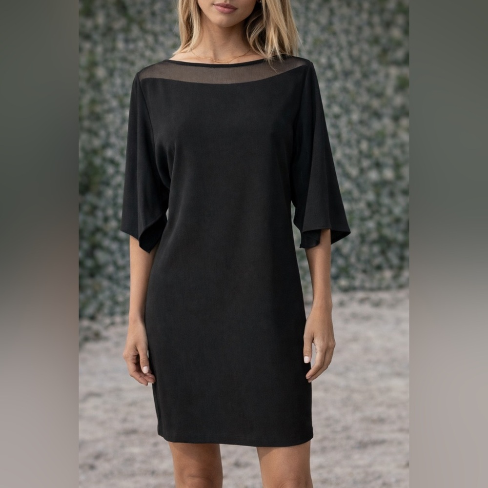 Elie Tahari Black Shift Dress Small Short Silk Mesh Sleeves Stretch Oversized
